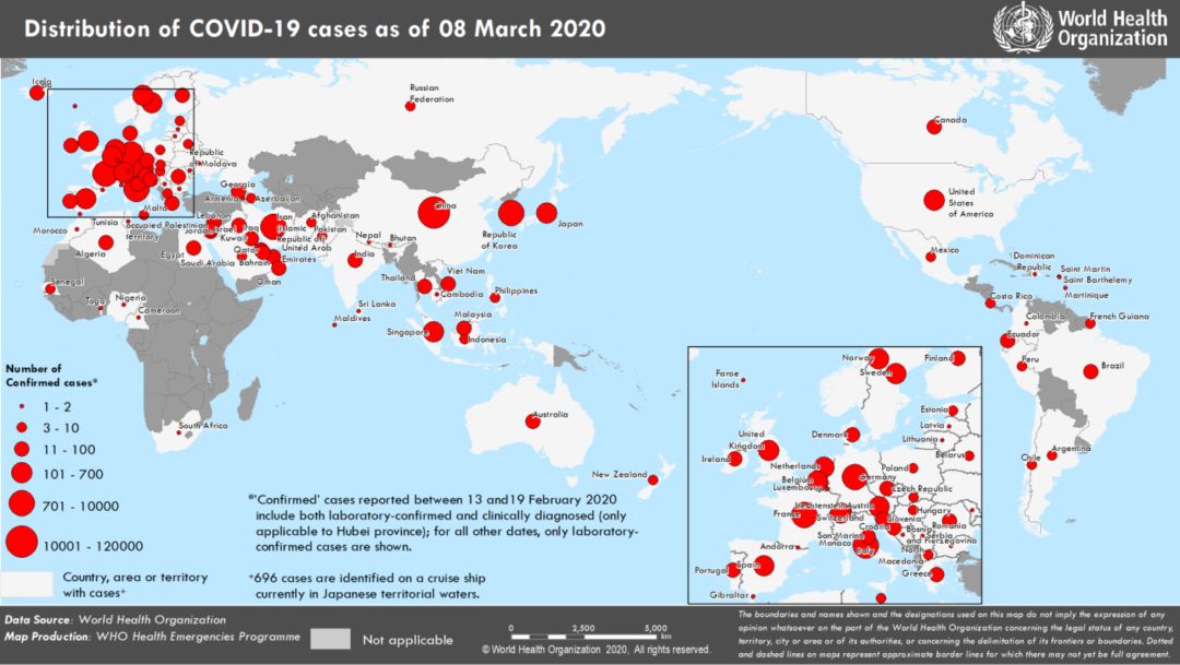 截至2020年3月8日,新型冠状病毒肺炎疫情世界分布情况|who